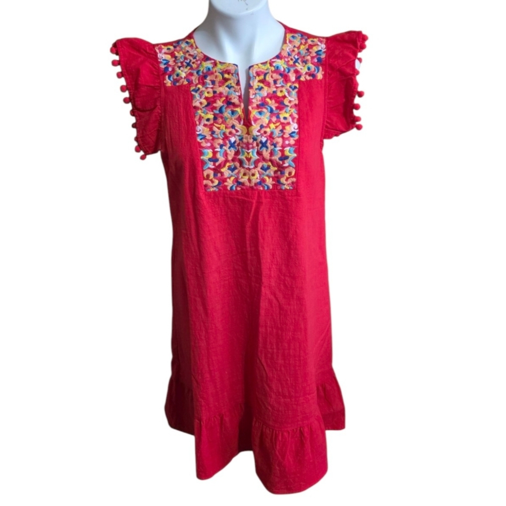Kirundo Split Neck Sleeveless Embroidered Ruffle Hem Dress Red Size M - Picture 3 of 12